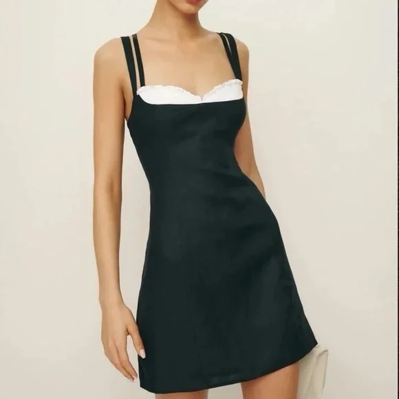 Reformation Lovella black and white linen mini dress with ruffled bust